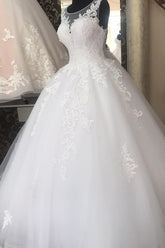 A-line Jewel Poofy Long White Wedding Dress with Lace Appliques